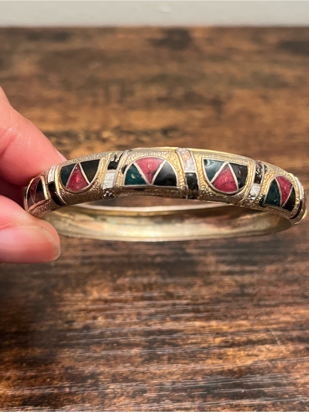 Vintage Gold Enamel Hand Painted Bangle Bracelet Geometric Lightweight Boho
